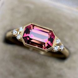 Golden Milgrain Emerald Cut Ruby Engagement Ring For Women 