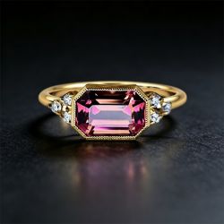 Nextearrings Golden Bezel Emerald Cut Ruby Sapphire Engagement Ring For Women