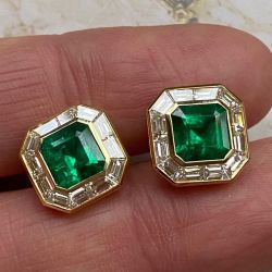 Gold Bezel Asscher Cut Emerald Sapphire Stud Earrings