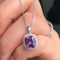 Halo Cushion Cut Purple Sapphire Pendant Necklace For Women