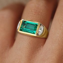 Three Stone Golden Emerald Cut Emerald Color Engagement Ring
