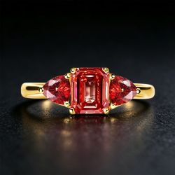 Three Stone Emerald Cut Orange Sapphire Engagement Ring
