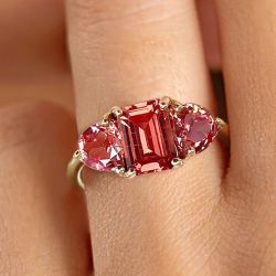 Three Stone Emerald Cut Orange Sapphire Engagement Ring