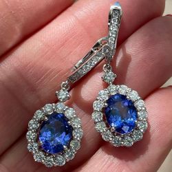 Halo Oval Cut White & Blue Sapphire Drop Earrings For Women