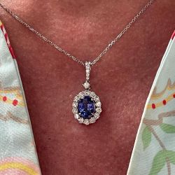 Halo Oval & Round Cut Blue Topaz Pendant Necklace For Women