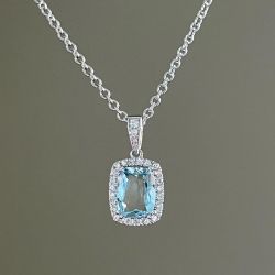 Halo Cushion Cut Aquamarine Pendant Necklace For Women