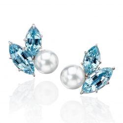 Marquise Cut Aquamarine Sapphire & Pearl Stud Earrings