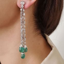 Tassel Design Drop Shape White & Emerald Drop Earrings