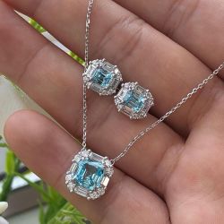 Halo Asscher Cut Earrings & Pendant Necklace Jewelry Set