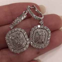 Classic Halo Emerald Cut White Sapphire Drop Earrings
