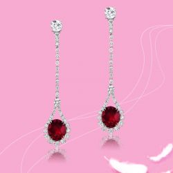 Halo Oval Cut White & Ruby Sapphire Drop Earrings For Women 