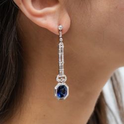 Oval & Baguette Cut Blue & White Sapphire Drop Earrings