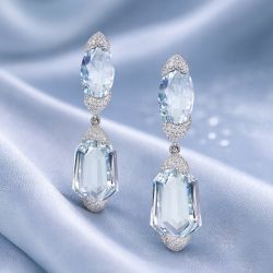 Unique Pave Setting Oval Cut Aquamarine Drop Earrings