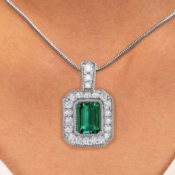 Vintage Halo Milgrain Emerald Cut Emerald Pendant Necklace