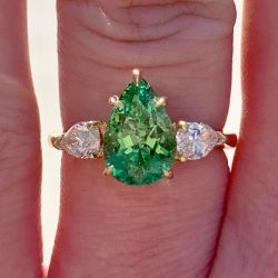 Three Stone Golden Pear Cut Emerald Engagement Ring