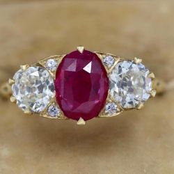 Golden Three Stone Oval & Round Cut Ruby Engagement Ring