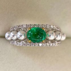 Vintage Two Tone Oval Cut Emerald & Pearl Engagement Ring
