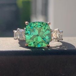Two Tone Five Stone Cushion Cut Emerald Engagement Ring