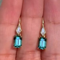 Golden Emerald & Noble Cut Blue Sapphire Drop Earrings