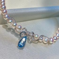 Bow design Pear Cut Pearl & Aquamarine Pendant Necklace