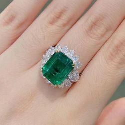 Two Tone Unique Halo Emerald Cut Emerald Engagement Ring