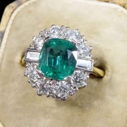 Two Tone Halo Cushion Cut Emerald Color Engagement Ring
