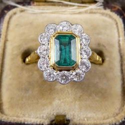 Two Tone Halo Emerald Cut Emerald Color Engagement Ring