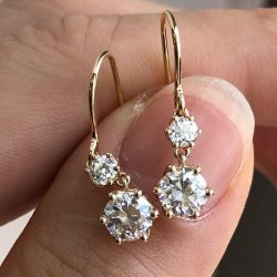Golden Double Round Cut White Sapphire Drop Earrings