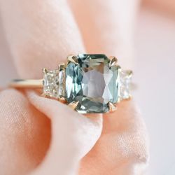 Golden Three Stone Radiant Cut Light Green Engagement Ring