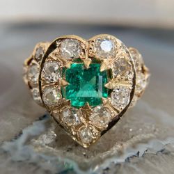 Heart Design Golden Halo Asscher Cut Emerald Engagement Ring