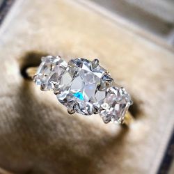 Two Tone Three Stone Cushion Cut Engagement Ring