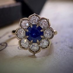 Unique Two Tone Halo Round Cut Blue Sapphire Engagement Ring