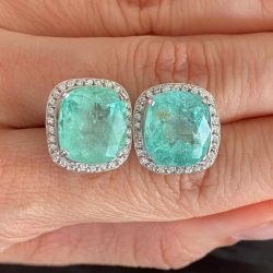 Classic Halo Cushion Cut Emerald Sapphire Stud Earrings