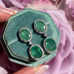 Two Tone Halo Double Oval Cut Green Sapphire Drop Earrings