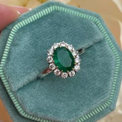 Two Tone Halo Oval Cut Emerald Color Engagement Ring