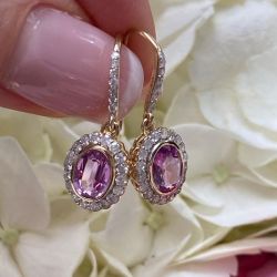 Golden Halo Oval Cut Pink & White Sapphire Drop Earrings