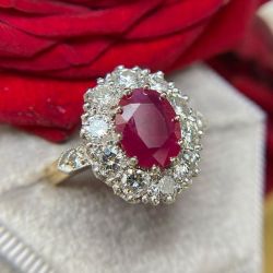Two Tone Halo Oval Cut Ruby & White Sapphire Engagement Ring