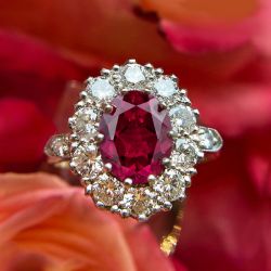 Two Tone Halo Oval Cut Ruby & White Sapphire Engagement Ring