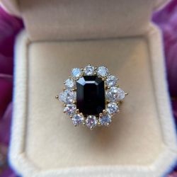 Golden Halo Emerald Cut Black Sapphire Engagement Ring