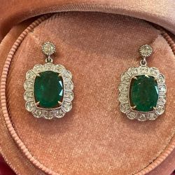 Two Tone Halo Milgrain Oval Cut Emerald Color Drop Earrings