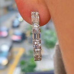 Alternating Emerald & Round Cut White Sapphire Hoop Earrings