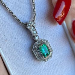Vintage Milgrain Halo Emerald Cut Emerald Pendant Necklace
