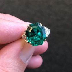 Two Tone Three Stone Asscher Cut Emerald Engagement Ring