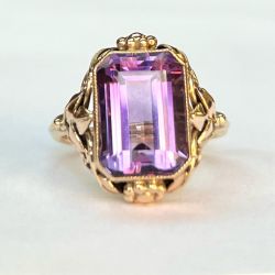 Golden Solitaire Emerald Cut Purple Sapphire Engagement Ring