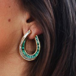 Elegant Baguette Cut Emerald & White Sapphire Hoop Earrings
