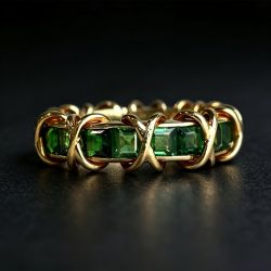 Golden Asscher Cut Emerald Sapphire Eternity Wedding Band