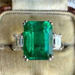 Three Stone Emerald Cut Emerald Color Engagement Ring