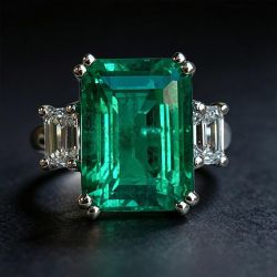 Three Stone Emerald Cut Emerald Color Engagement Ring