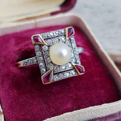 Vintage Two Tone Halo Round Cut White Pearl Engagement Ring