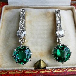 Round Cut Emerald & White Sapphire Drop Earrings